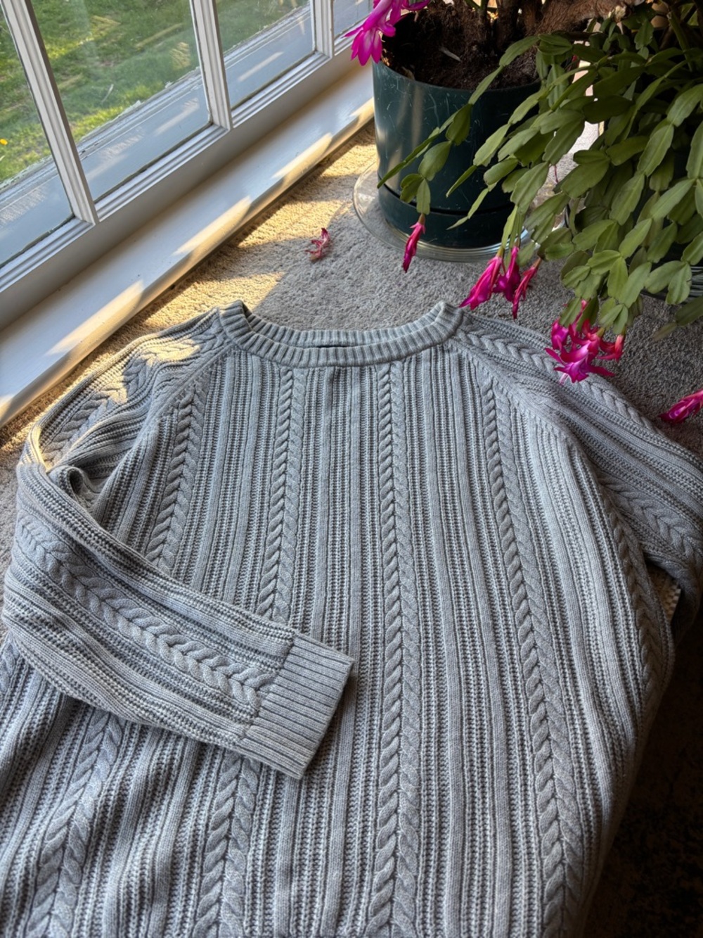 Lands End Cable-Knit Crewneck Sweater - Light Gray